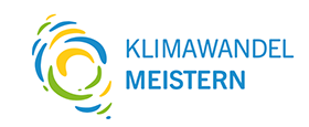 Logo das Auftritts Klimawandel meistern; Das Logo zeigt in in Kreisflächen die Elemente Luft Wasser und Natur; Link führt zu Startseite des Angebots 
